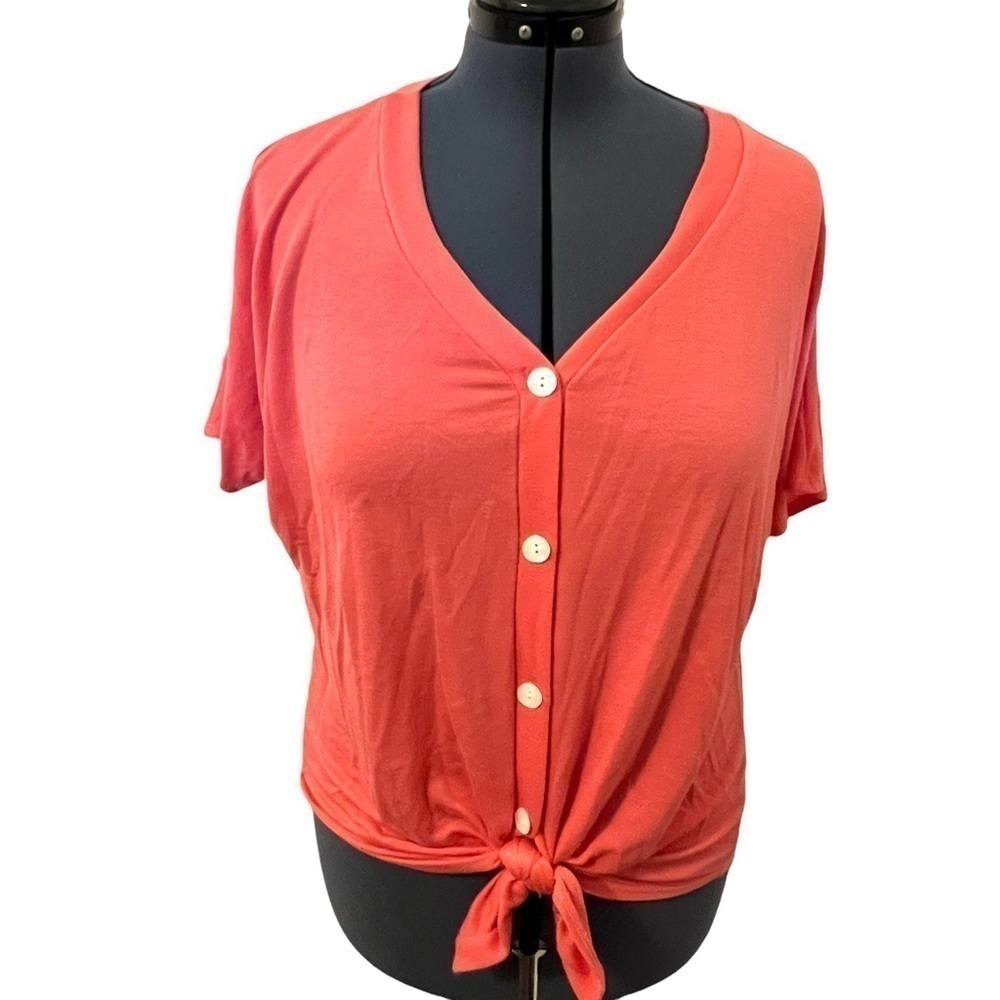 Pink Lily Women's V-Neck Button Down Tie Front Top Coral Pink Short Sleeve Soft